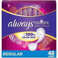 Protège-dessous quotidiens Always Radiant, longueur régulière, degré d’absorption léger, jusqu’à 100% sans odeurs et sans parfum, avec bande adhésive sur toute la longueur Edge-2-Edge, 48protège-desso 48CT