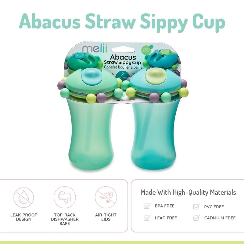 Baby and Toddler Straw Sippy Cup with Colorful Abacus Beads, 11.5oz - 2 Pack