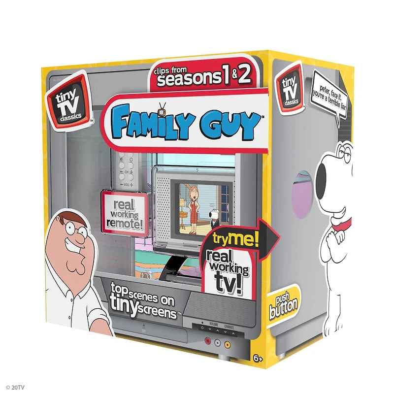 Tiny TV Classics - Édition Family Guy - La plus récente collection de Basic Fun - Regardez les meilleures scènes de Family Guy sur un véritable téléviseur Tiny (avec télécommande fonctionnelle) !