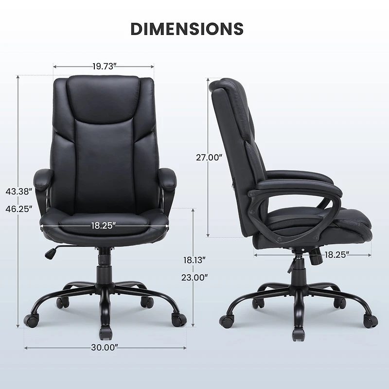 Chaise de bureau ergonomique à dossier haut en cuir Mainstays Executive, noire. Conçue pour les adultes, cette chaise est idéale pour les professionnels, les travailleurs à distance et les étudiants u