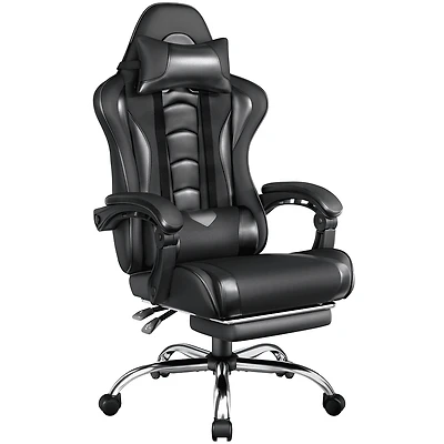 Fullfurnique Chaise Gaming Ergonomique à Dossier Haut avec Repose-pieds Coulissant, Noir Intégral