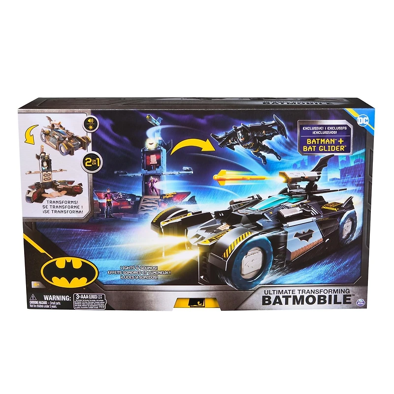 Batman, Coffret Batmobile ultime transformable, Coffret Batman 2-en-1 avec figurine Batman exclusive et planeur, effets sonores et lumineux, jouets pour garçons et filles à partir de 4 ans DC Comics Batman