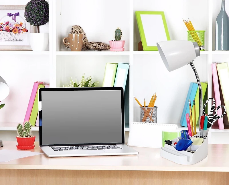 Lampe de bureau organisateur feux de la rampe à col de cygne avec support pour tablette d'iPad Porte-livre et port USB, blanc
