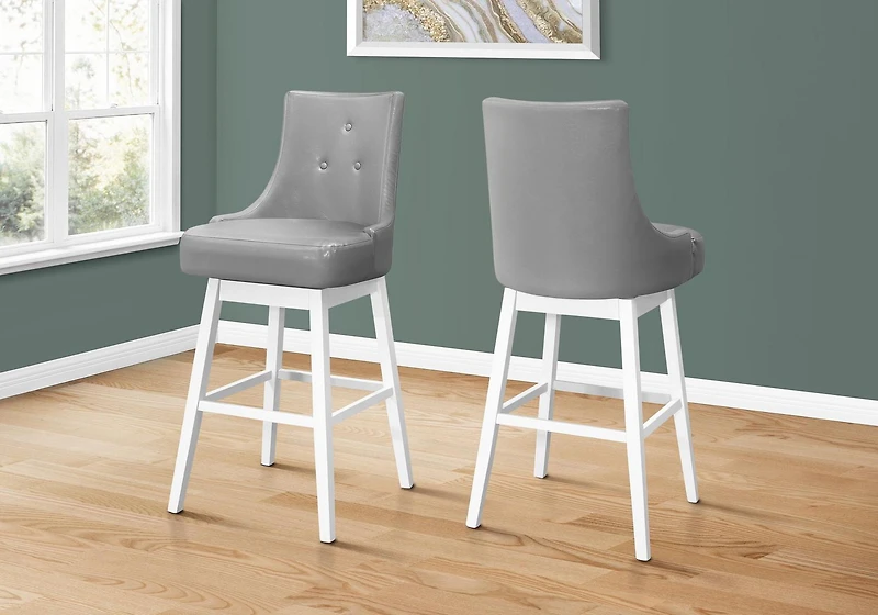 Monarch Specialties Tabouret De Bar, Lot De 2, Pivotant, Hauteur Bar, Bois, Pu D'aspect Cuir, Gris, Blanc, Transitionnel