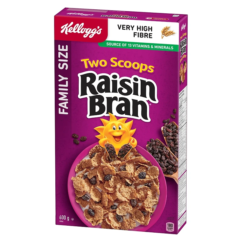 Kellogg's* Two Scoops* Raisin Bran Cereal Family Size, 625 g, Kellogg's* Two Scoops* Raisin Bran cereal is a delicious combination of crispy bran flakes & sweet sun-ripened raisins. Each serving is a source of 12 vitamins & minerals, has no artificial flavours or colours and is a very high source of fibre.