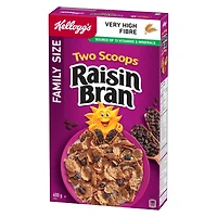 Kellogg's* Two Scoops* Raisin Bran Cereal Family Size, 625 g, Kellogg's* Two Scoops* Raisin Bran cereal is a delicious combination of crispy bran flakes & sweet sun-ripened raisins. Each serving is a source of 12 vitamins & minerals, has no artificial flavours or colours and is a very high source of fibre.
