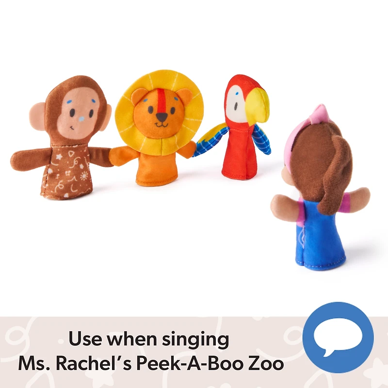 Ms. Rachel, Coffret de 4 marionnettes à doigts Les amis du zoo, lion, singe et perroquet, jouets éducatifs et marionnettes animales, jouets pour tout-petits pour filles et garçons de 6 mois à 2 ans et