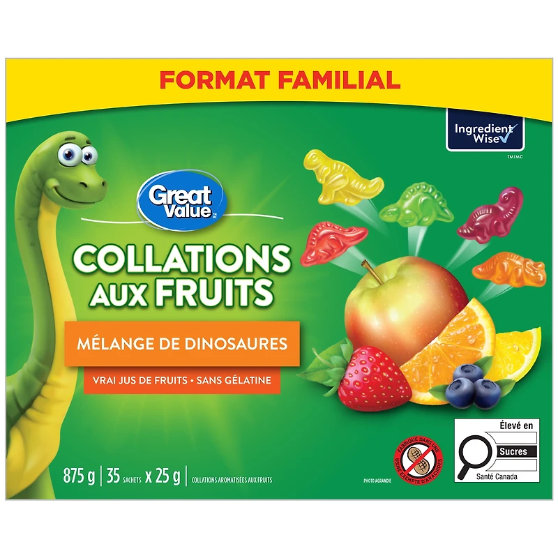 Great Value Dinosaur Mix Fruit Flavoured Snacks, 875 g (35 pouches x 25 g)
