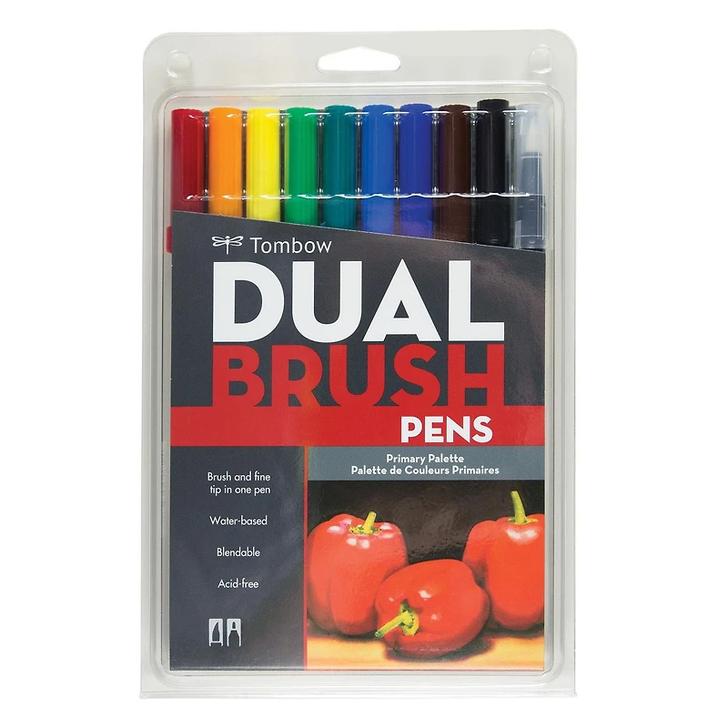 Marqueurs artistiques à pinceau double, couleurs primaires, paquet de 10 Tombow