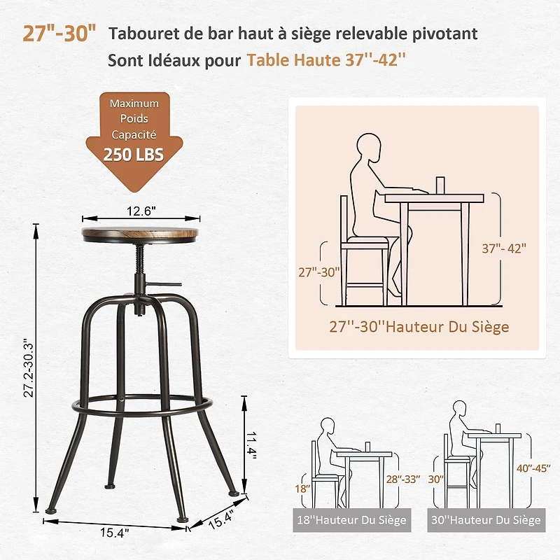 Homy Casa 2 Packs Adjustable Swivel Barstools, Footrest, Moisture-Resistant MDF, Walnut Finish