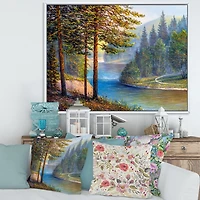 Designart Lumière du soleil du matin à travers la forêt de pins et de sapins ART MURAL À CADRE FLOTT