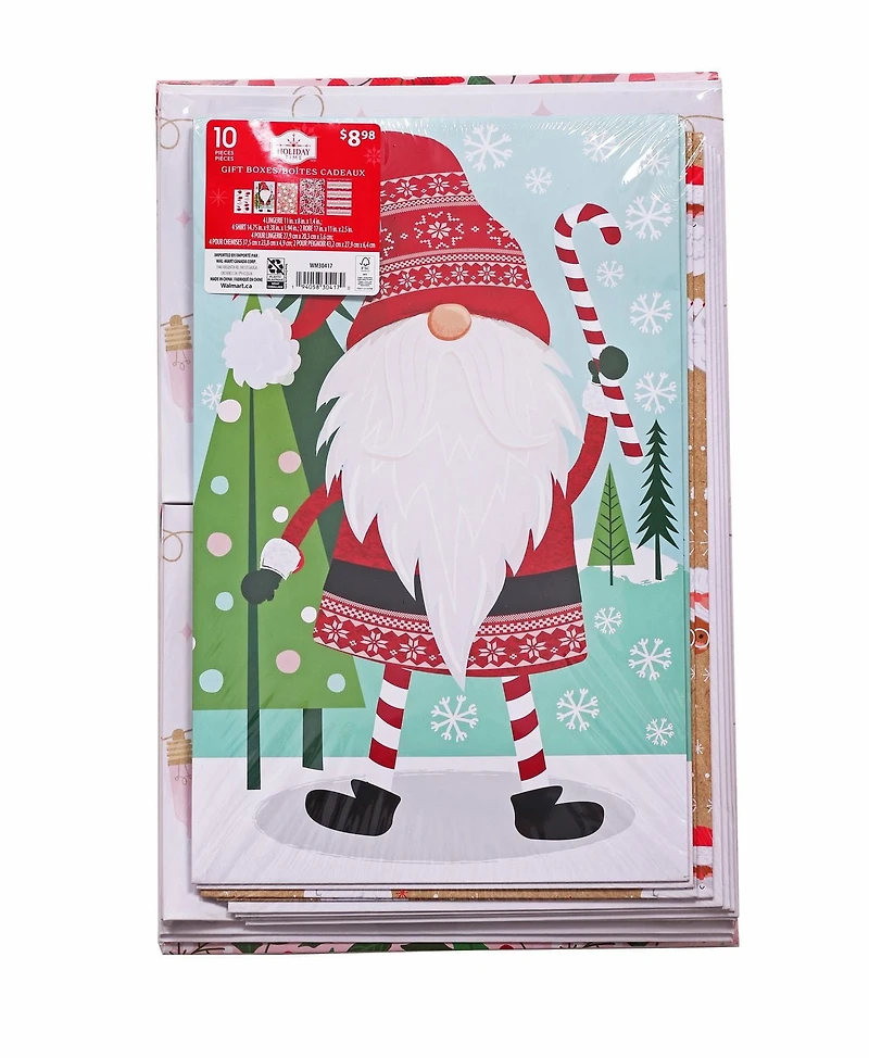 Holiday Time, paquet de 10 coffrets cadeaux assortis, Thème fantaisiste Gnome, M. et Mme Claus, Rayé, Poinsettia, Ampoules