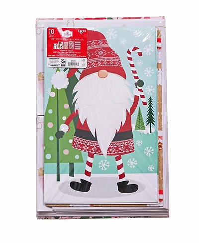 Holiday Time, paquet de 10 coffrets cadeaux assortis, Thème fantaisiste Gnome, M. et Mme Claus, Rayé, Poinsettia, Ampoules
