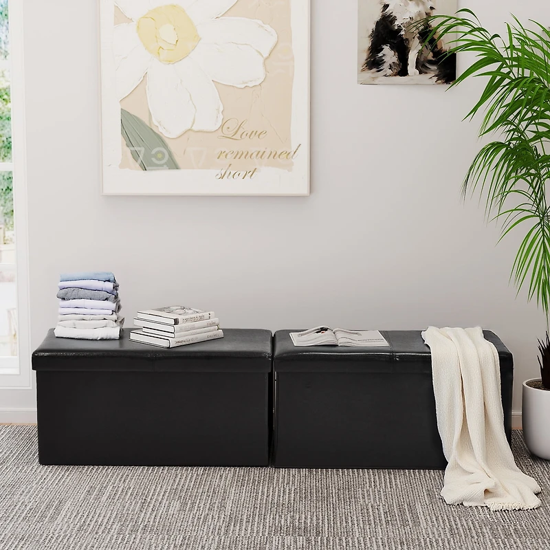 Homy Casa Set of 4 Shoe Storage Ottoman Bench, Foldable Organizer Seat for Entryway, Black Faux Leather