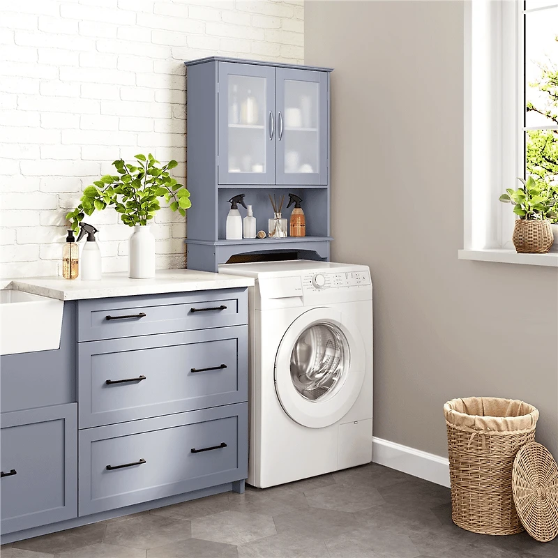 FullFurnique Freestanding Over-the-Toilet Storage Cabinet with 2 Tempered Glass Doors and 1 Open Shelf, Gray