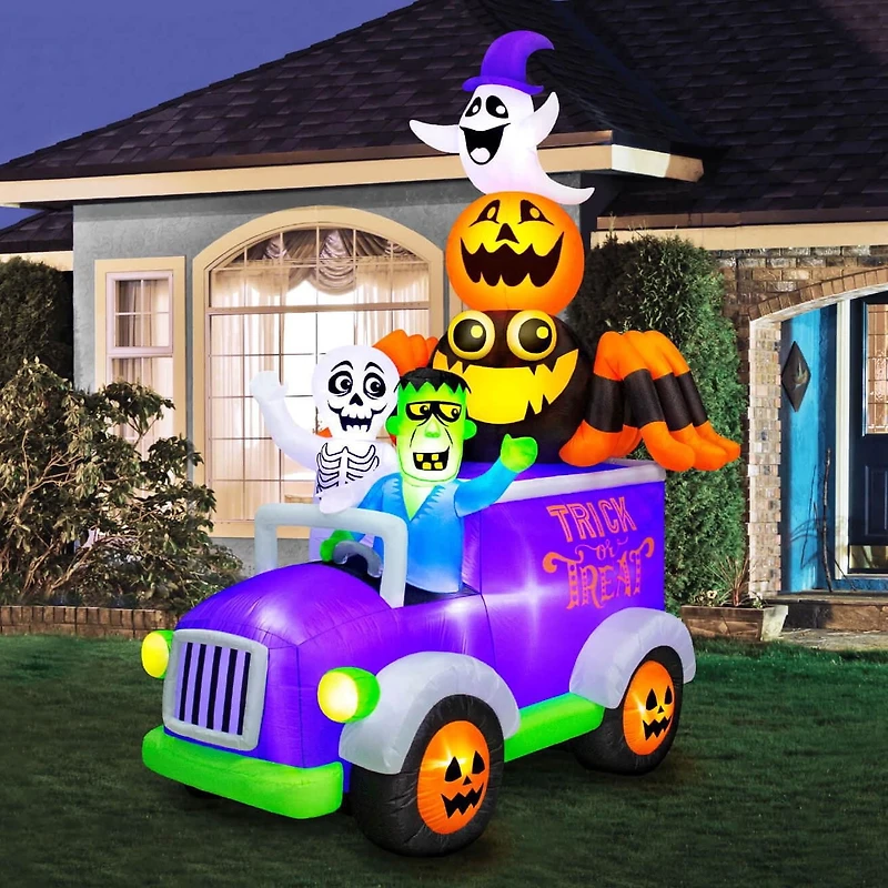 Occasions Halloween Camion d'Halloween gonflable de 10,5 pieds avec squelette, Frankenstein, araignée, citrouille et fantôme