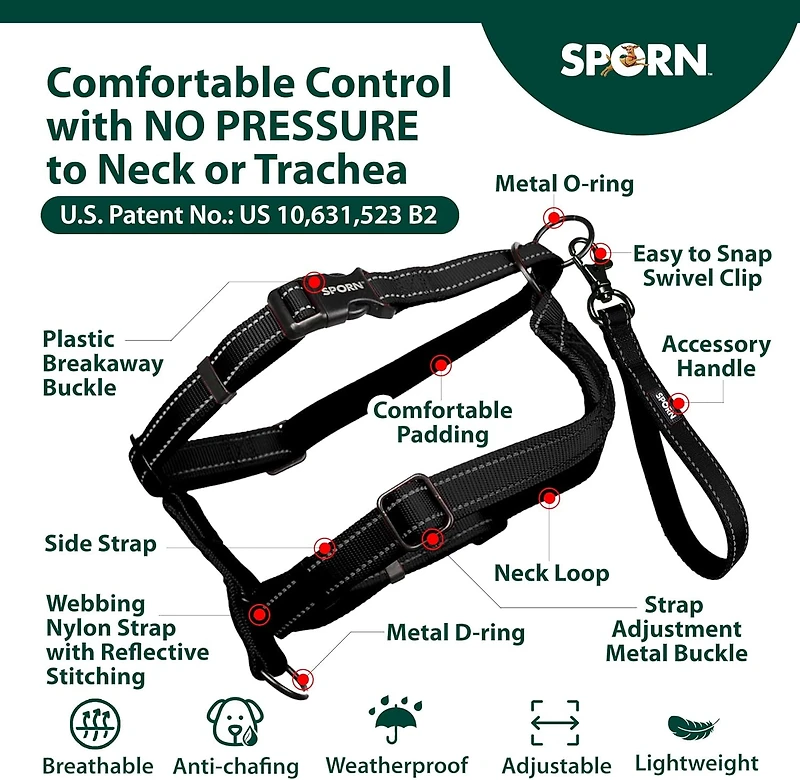 Harnais Pour Chien Ultimate Control De Grande Taille, Harnais En Nylon Noir Pour Grand Chien Avec Poignée Amovible Et Extension De Laisse, Harnais Pour Chien Sans Traction Par Sporn