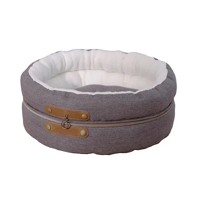 Home4Cat 17.7" Round Raised Edge Plush Pet Bed for Cat Dog/Puppy, Gray & White