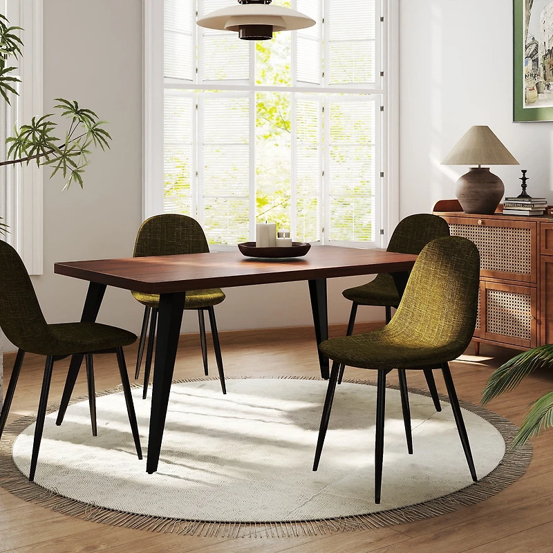 Ensemble de salle à manger Homy Casa 160 cm pour 4 personnes, grande table imitation noyer et chaises en tissu, tissu vert