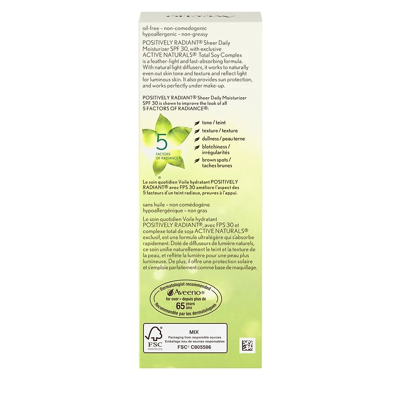 Aveeno Positively Radiant Soin quotidien Voile hydratant FPS 30 avec extrait de soja, Hydratant avec écran solaire, Sans huile et non comédogène, 73 ml