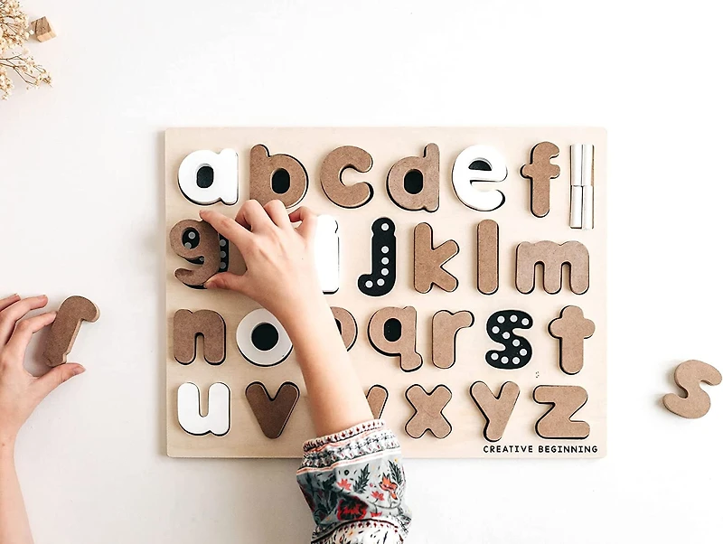 Creative Beginning Wooden Lowercase Alphabet Puzzle for Kids Ages 3-5 with Tracers & Chalkboard Base, ABC Learning Blocks Printing and Letter Matching Educational Toy