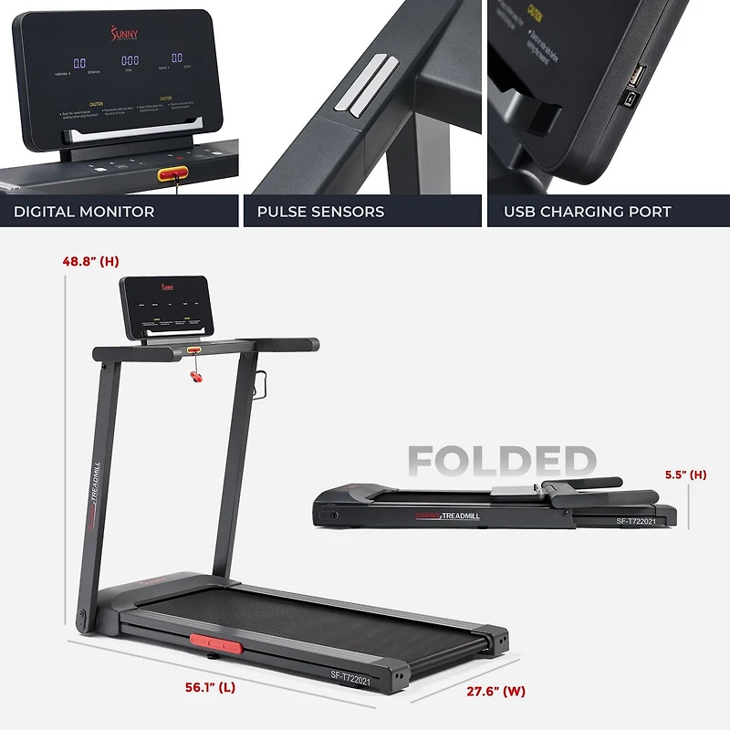 Sunny Health & Fitness Interactive Slim Folding Treadmill with Advanced Brushless Technology, Enhanced Stabilization, Exclusive SunnyFit App Bluetooth Connectivity