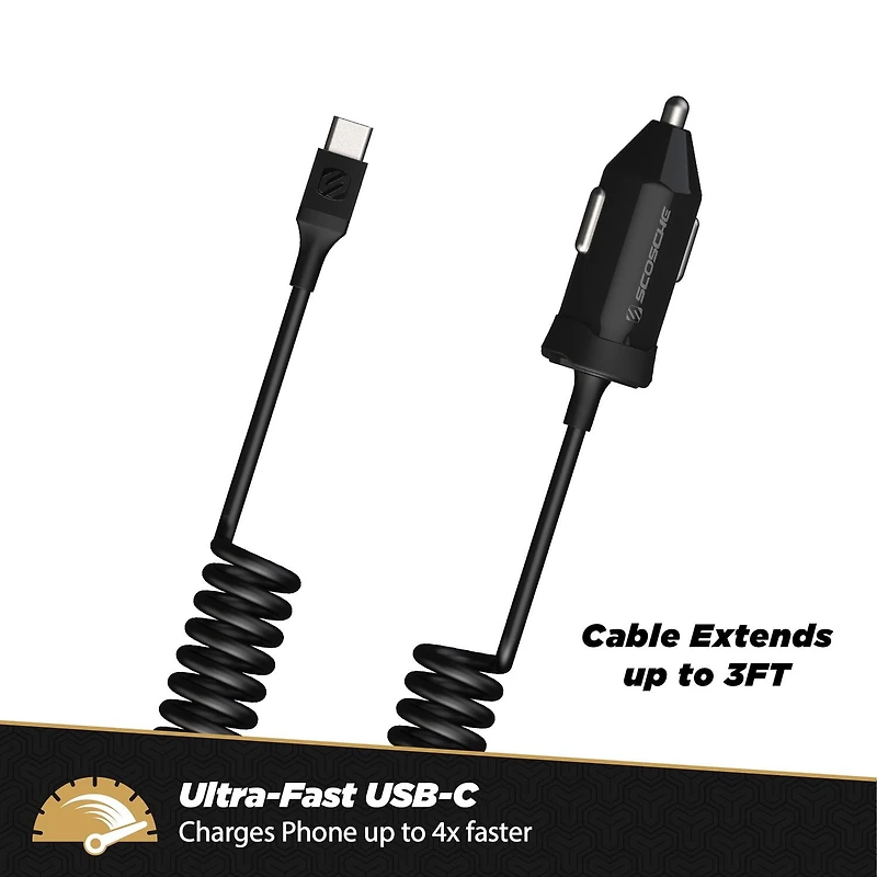 Scosche chargeur rapide USB certifié Power Delivery 3.0 pour l’auto CPDC203 PowerVolt 20 watts avec câble fixe spiralé de 3 pi POUR TOUS LES APPAREILS USB-C