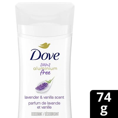 Déodorant pour femmes avec 1/4 d'hydratants Dove sans aluminium parfum lavande et vanille pour des aisselles douces et confortables 74g