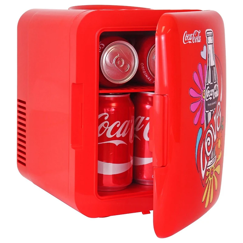 Coca-Cola Mini réfrigérateur portable 4 L, mini refroidisseur/réchauffeur 6 canettes pour les voyages, le bureau et la maison - Rouge
