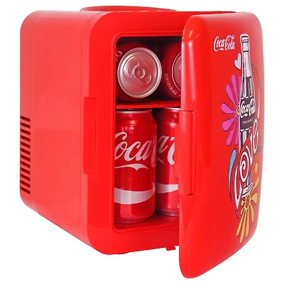 Coca-Cola Mini réfrigérateur portable 4 L, mini refroidisseur/réchauffeur 6 canettes pour les voyages, le bureau et la maison - Rouge