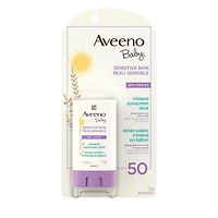 Aveeno Baby Sensitive Skin Mineral Sunscreen Stick SPF 50 with 100% Zinc Oxide, for Face & Body, Sweat- & Water-Resistant Kids Sunscreen Stick, Travel Size, 13 g