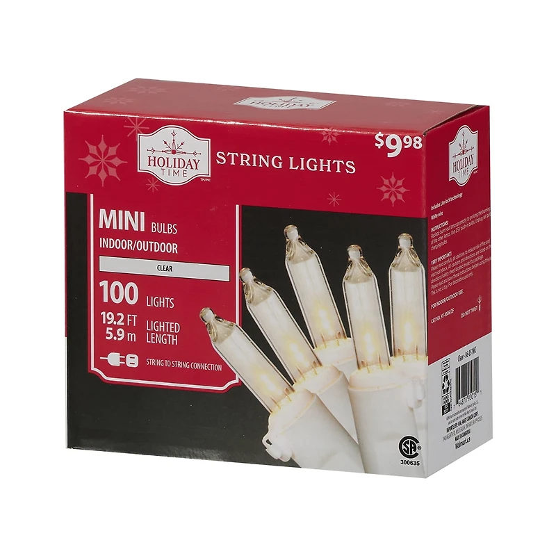 Mini guirlandes de Noël lumineuses dotées de 100 ampoules à incandescence de 19,2 pieds, transparentes, avec fil blanc Holiday Time Espace entre les ampoules de 3,25 po (8,2 cm)