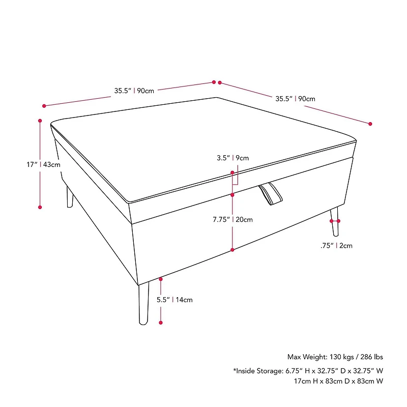 CorLiving Linden Black Upholstered Square Storage Ottoman with Metal Legs