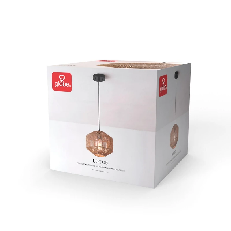 Luminaire suspendu Lotus à 1 ampoule, abat-jour en ficelle naturelle, cordon en tissu noir