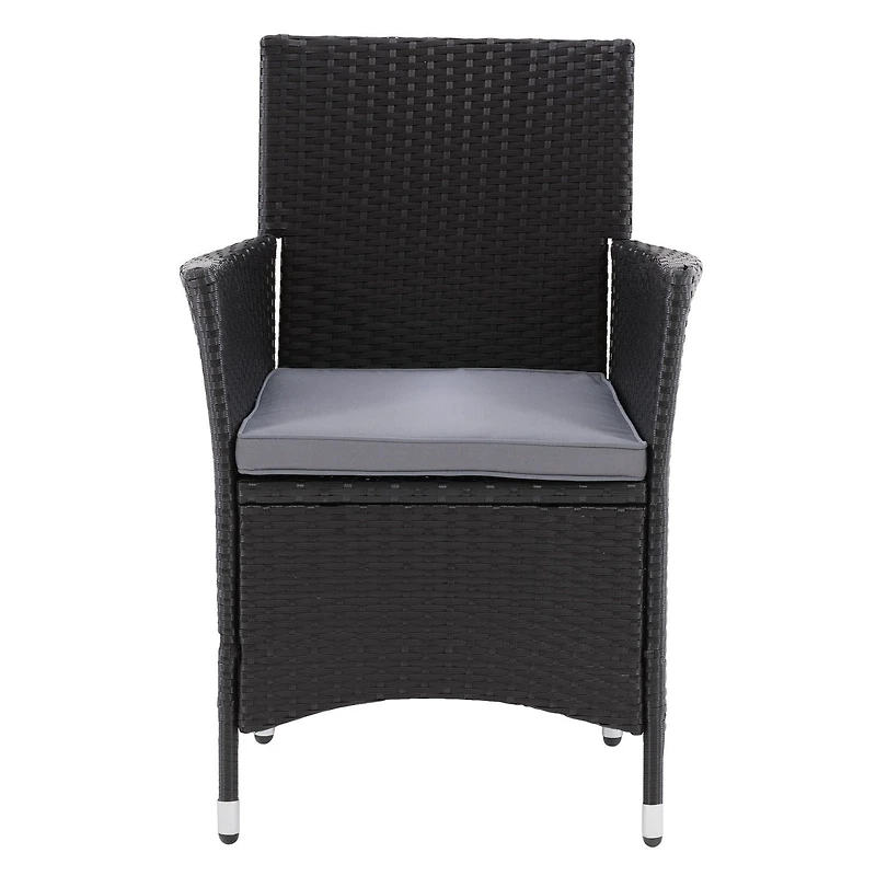 CorLiving Parksville Ensemble de salle à manger de patio 7 pièces en osier de résine noire et en acier avec table rectangulaire en verre et 6 chaises avec coussins gris