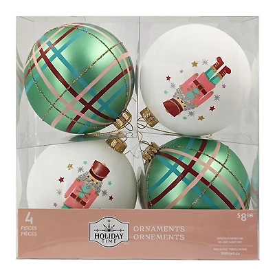 Holiday Time 4Pieces Decoration Balls Plastic Christmas Ornaments Green & White, 4Pieces Assorted 100mm