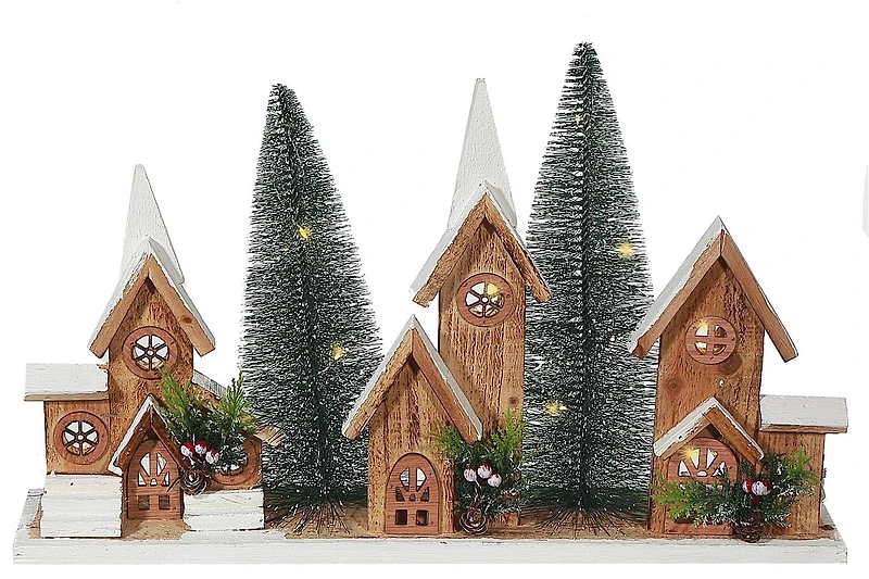 Led Triple Wooden House Brown 12.01"