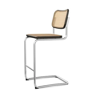 Cesca Counter Stool made of natural rattan, black beech wood frame, and chromed legs.