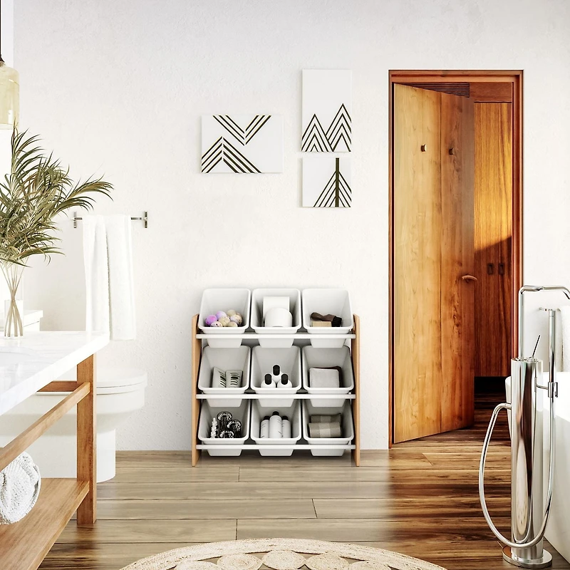 Humble Crew Journey Toy Storage Organizer with 9 Plastic Storage Bins, Natural/White