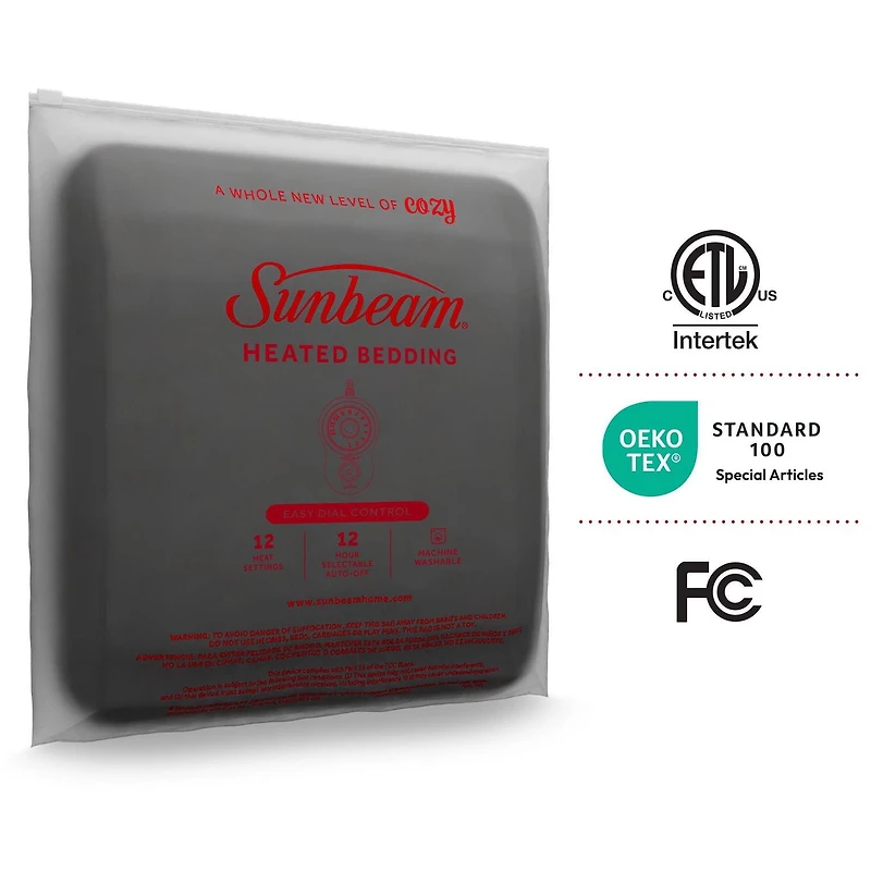 Couverture chauffante Sunbeam en polaire pour pour lits jumeaux, lits à deux places/grands lits et très grands lits, 12 réglages de chaleur, chauffage rapide, arrêt automatique après 12 heur