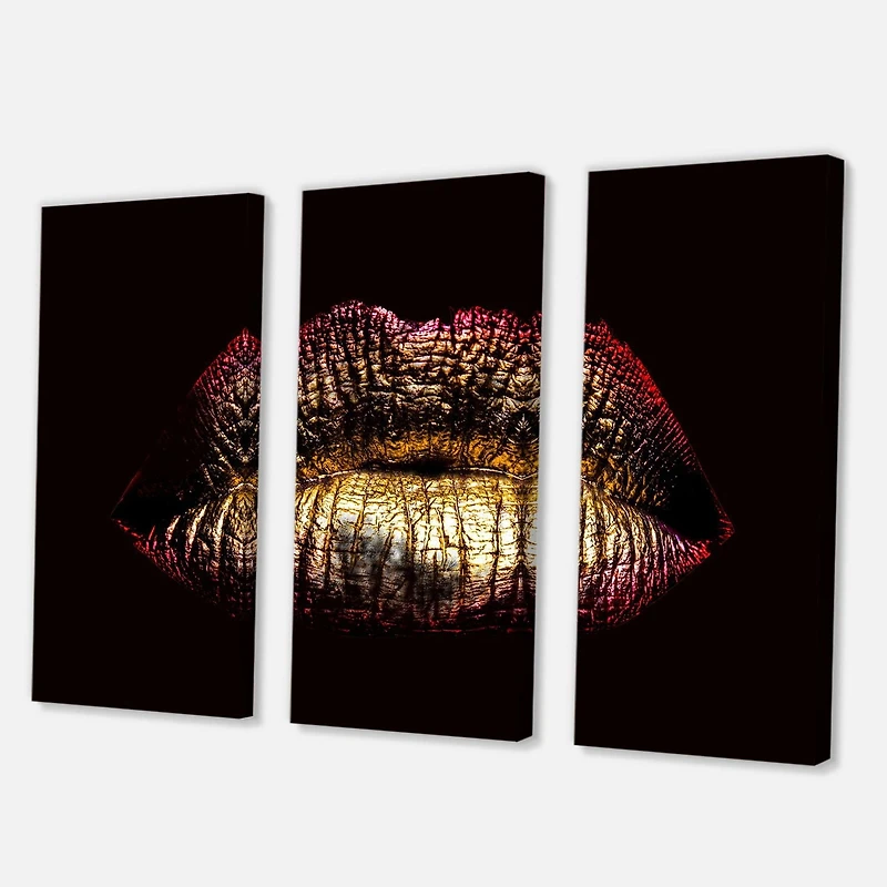Designart Sexy Golden Metallized Female Lips IV Canvas Wall Art