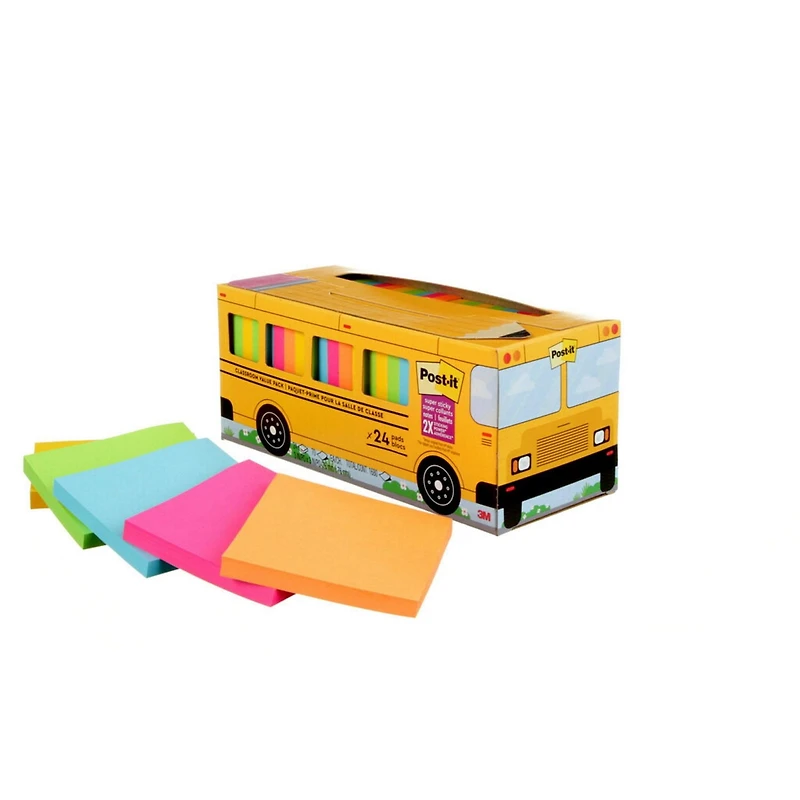 Post-it® Super Sticky Notes 654-24SSBUS, Classroom Value Pack, 24 Pads/Pack, 70 Sheets/Pad