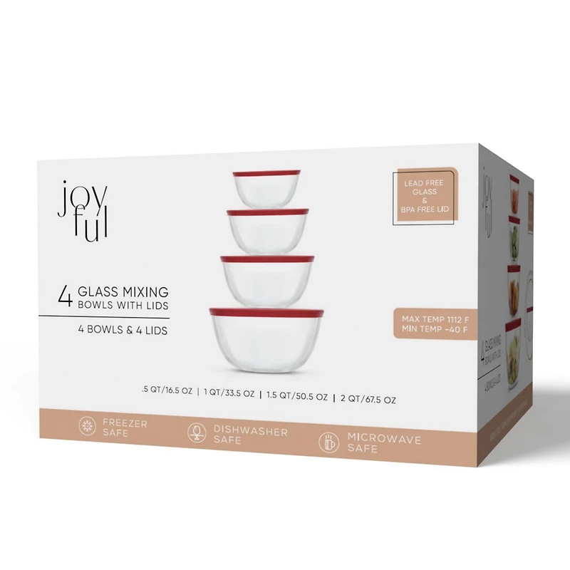 JoyFul 4 Glass Mixing Bowls With Lids - Red
