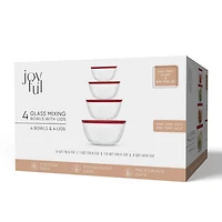 JoyFul 4 Glass Mixing Bowls With Lids - Red