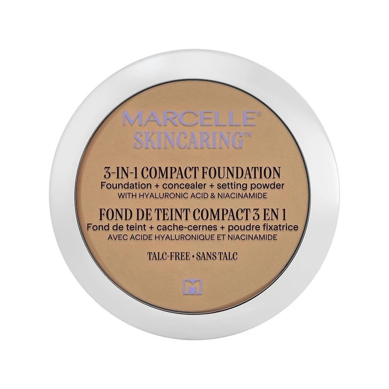 Marcelle Fond de teint compact + cache-cernes + poudre fixatrice 3 en 1 Skincaring avec acide hyaluronique Couvrance modulable, 8.5 g