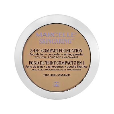 Marcelle Fond de teint compact + cache-cernes + poudre fixatrice 3 en 1 Skincaring avec acide hyaluronique Couvrance modulable, 8.5 g