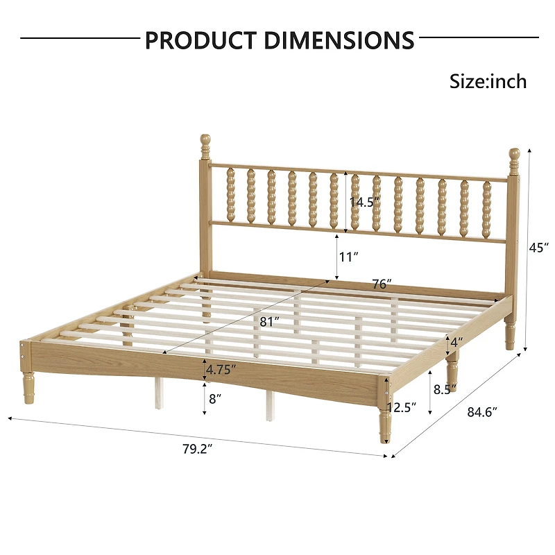 Homy Casa King Size Wood Platform Bed with Gourd Shaped Headboard, Sturdy Slats, Natural Finish, Easy Assembly, Modern Bedroom Furniture
