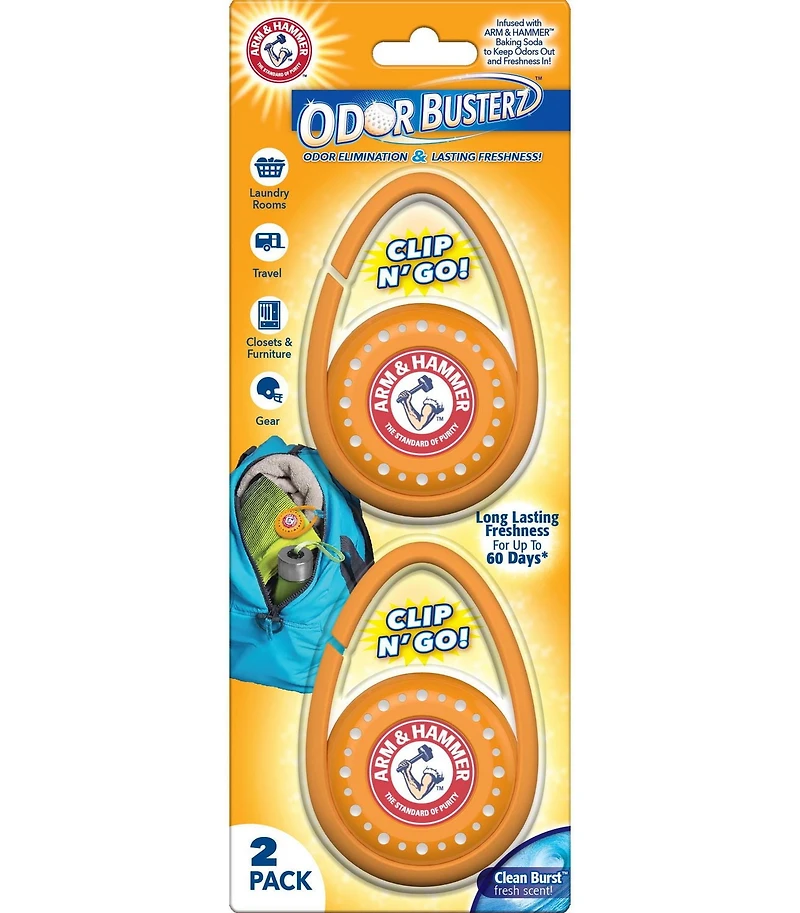 Arm & Hammer Clip N-Go Désodorisant Odor Busterz, Paquet de 2 Élimination des odeurs et fraîcheur