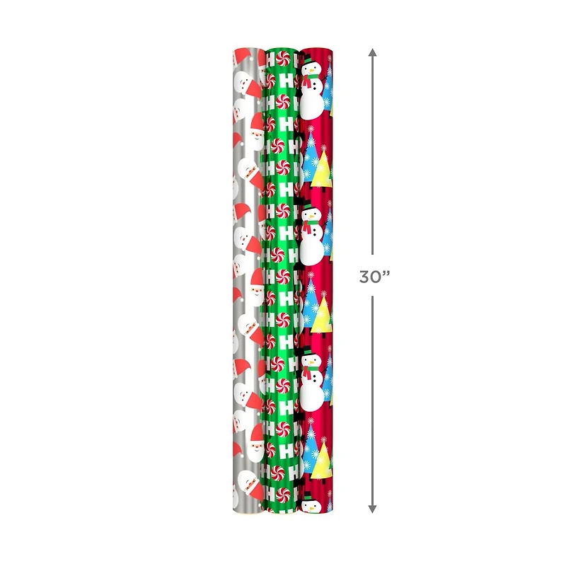 Hallmark Reversible Christmas Wrap Paper (Holiday Fun with Santa, Merry Messages, Peppermint, Dots, Snowmen, Stripes)