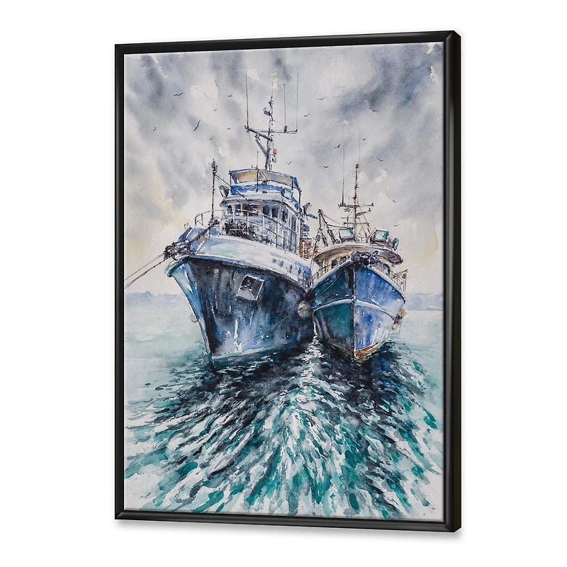 Designart Two Fishing Boats Before A Storm Anchored FLOAT FRAME WALL ART